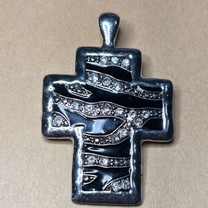 Silver and Black Cross Pendant with Crystals